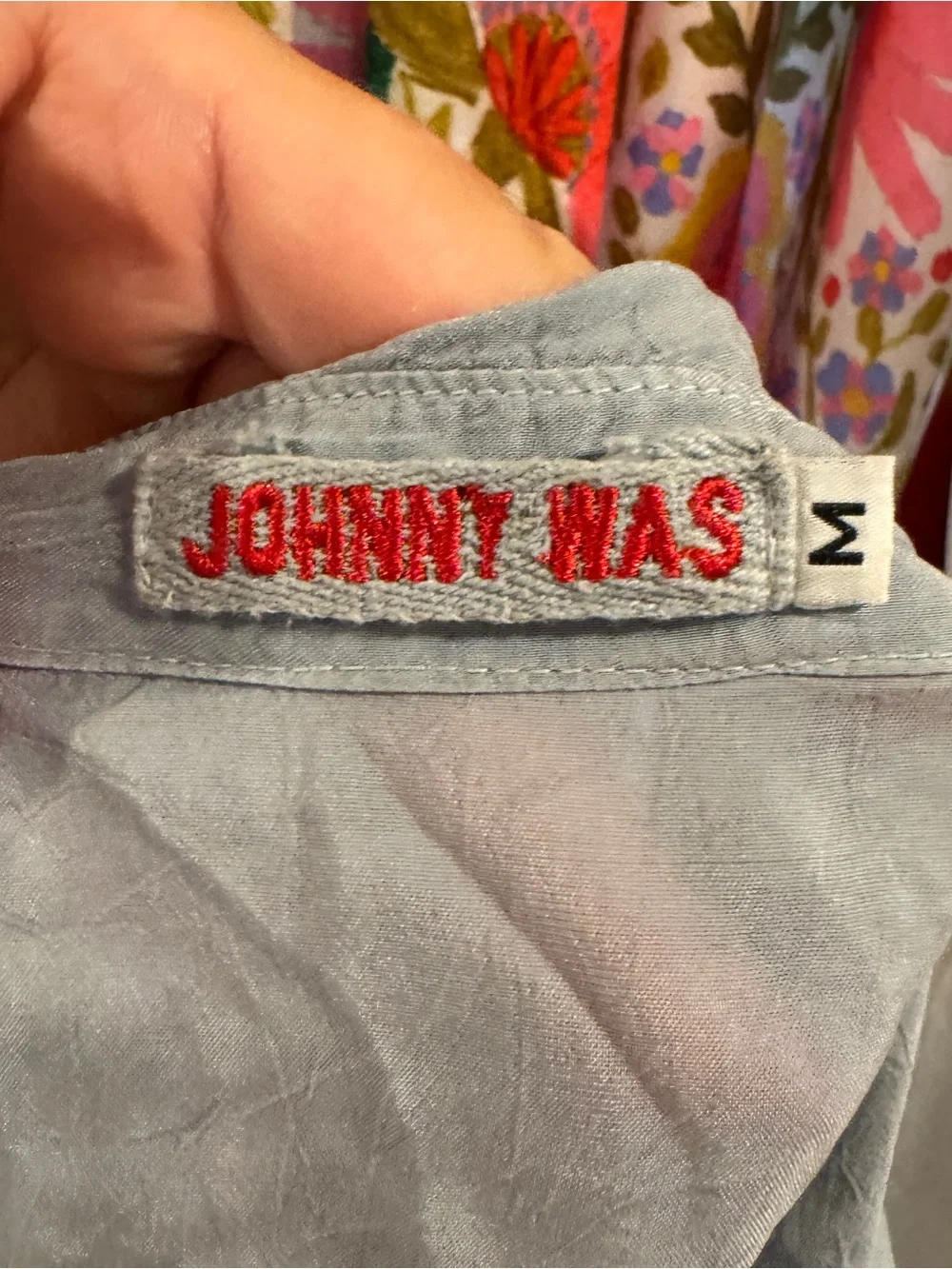 Johnny Was Gray Embroidered Button-Down Shirt with Pastel Floral Accents - Picture 4 of 5